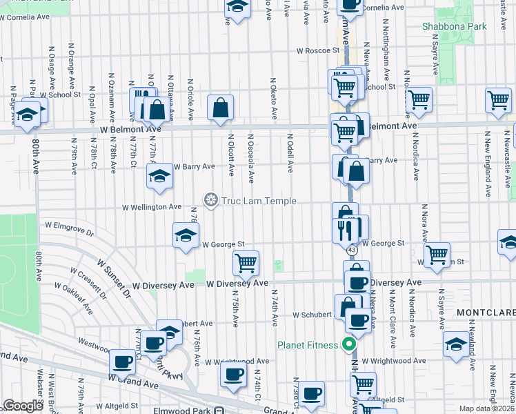 map of restaurants, bars, coffee shops, grocery stores, and more near 2936 North 74th Court in Elmwood Park