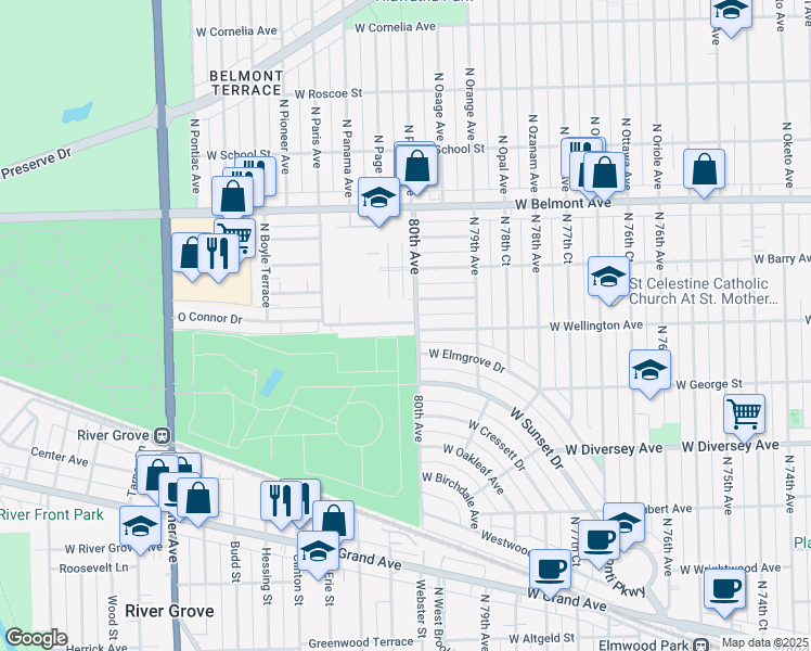 map of restaurants, bars, coffee shops, grocery stores, and more near 8005 Oconnor Drive in River Grove