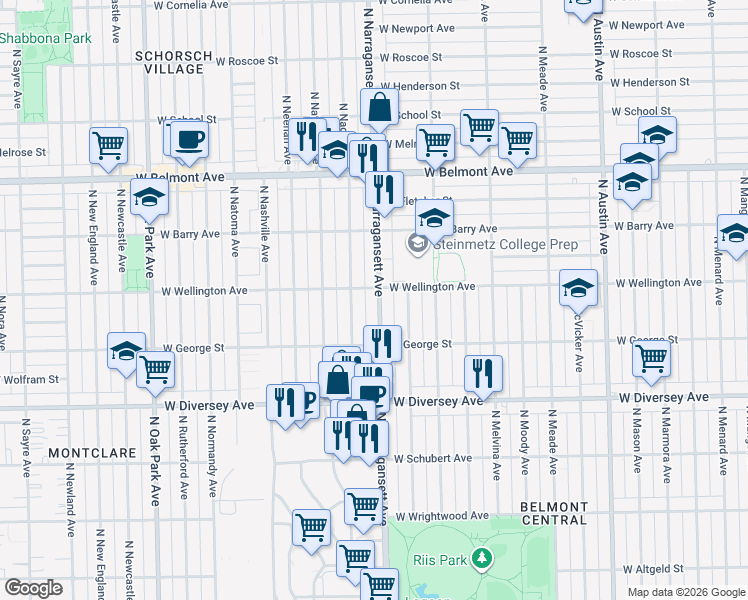 map of restaurants, bars, coffee shops, grocery stores, and more near 2948 North Narragansett Avenue in Chicago