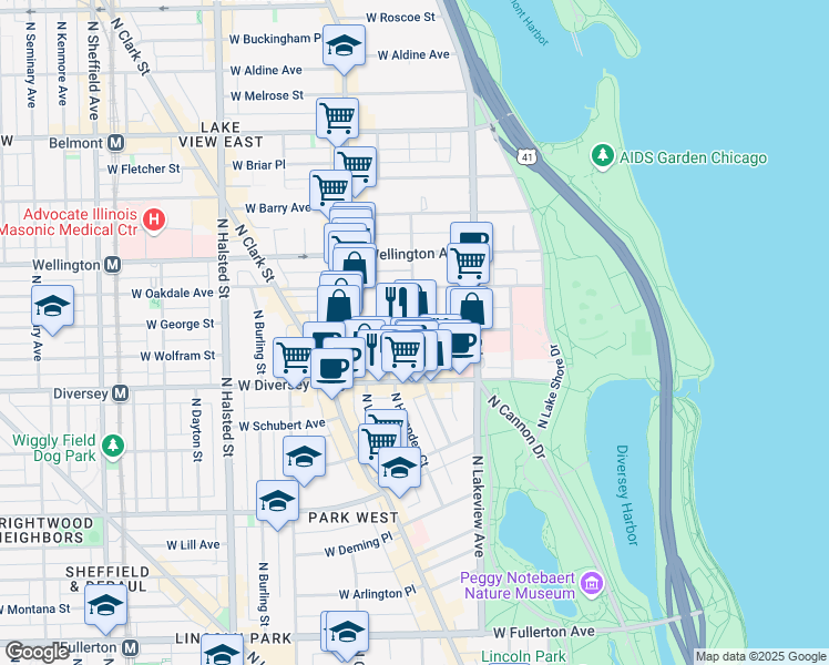 map of restaurants, bars, coffee shops, grocery stores, and more near North Pine Grove Avenue & West Surf Street in Chicago