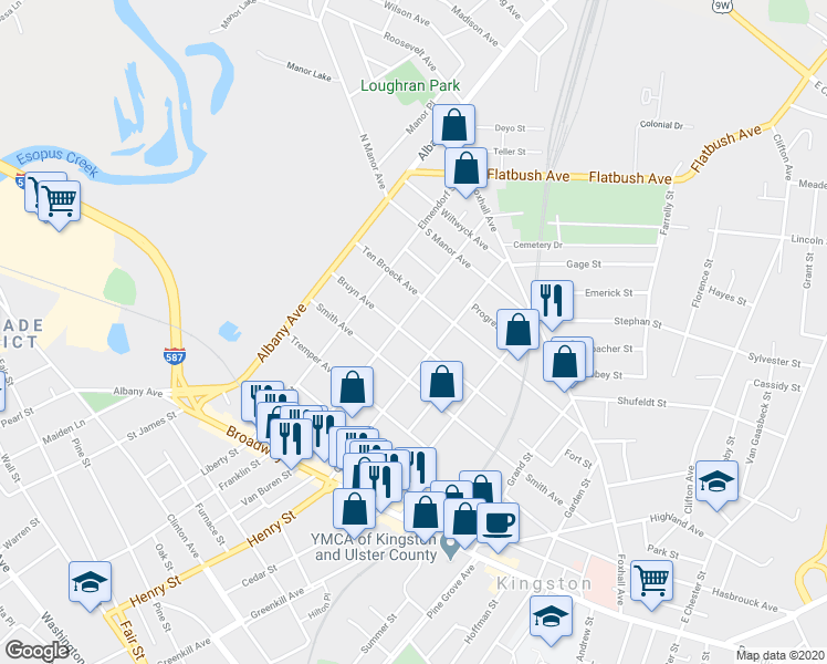 map of restaurants, bars, coffee shops, grocery stores, and more near 136 Bruyn Avenue in Kingston