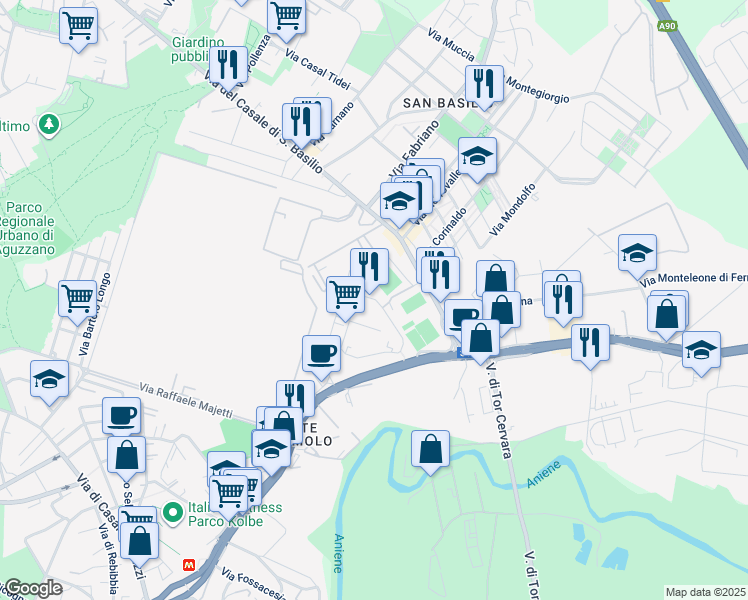 map of restaurants, bars, coffee shops, grocery stores, and more near 115 Via Giuseppe Rosaccio in Roma