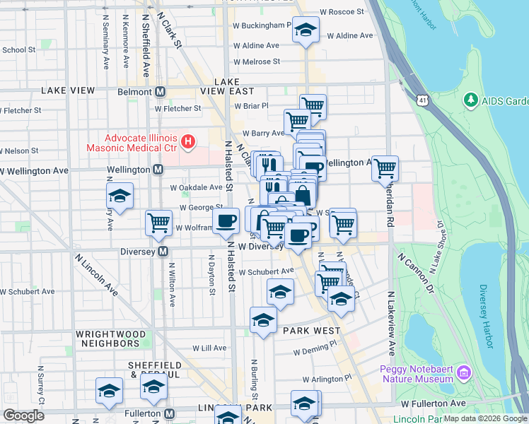 map of restaurants, bars, coffee shops, grocery stores, and more near 2852 North Orchard Street in Chicago