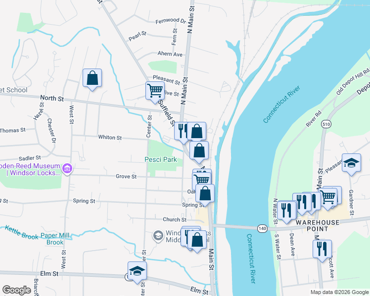 map of restaurants, bars, coffee shops, grocery stores, and more near 98 Chestnut Street in Windsor Locks
