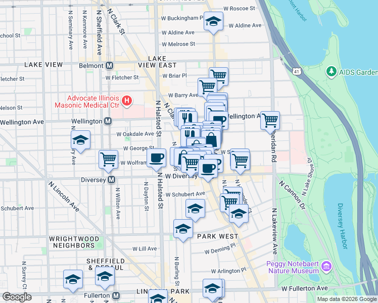 map of restaurants, bars, coffee shops, grocery stores, and more near 2849 North Orchard Street in Chicago