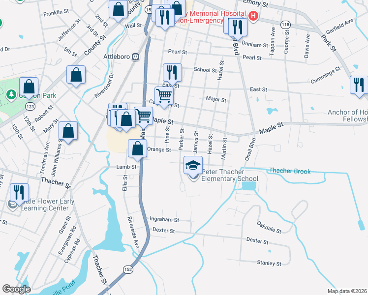 map of restaurants, bars, coffee shops, grocery stores, and more near 37 Orange Street in Attleboro