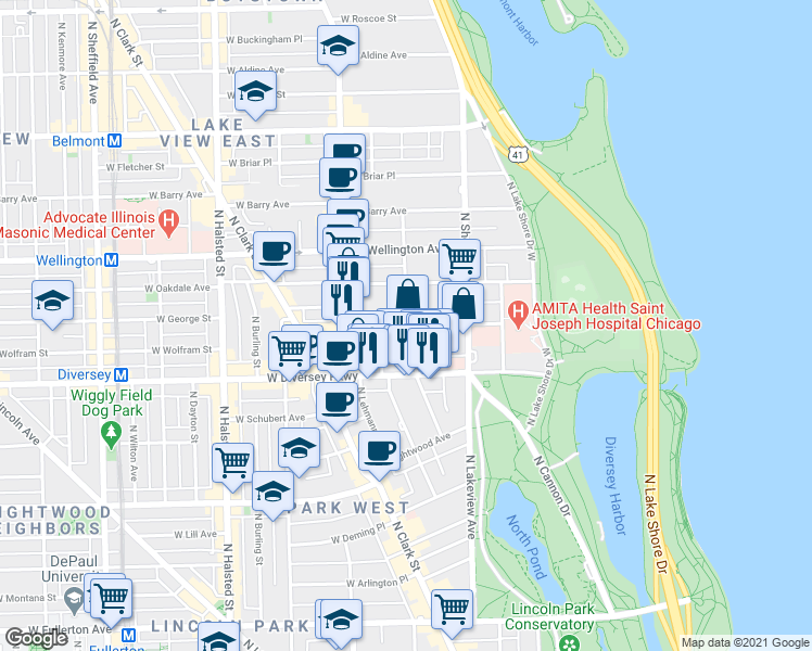 map of restaurants, bars, coffee shops, grocery stores, and more near 501 West Surf Street in Chicago