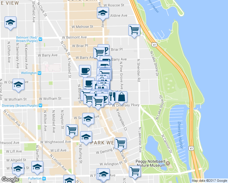 map of restaurants, bars, coffee shops, grocery stores, and more near 555 West Surf Street in Chicago