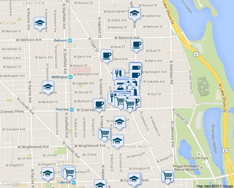 map of restaurants, bars, coffee shops, grocery stores, and more near 2848 North Orchard Street in Chicago