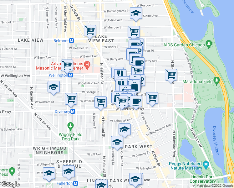 map of restaurants, bars, coffee shops, grocery stores, and more near 2848 North Orchard Street in Chicago