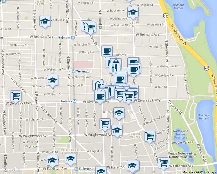 map of restaurants, bars, coffee shops, grocery stores, and more near 2842 North Burling Street in Chicago