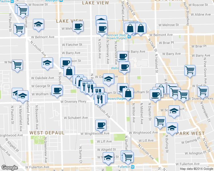 map of restaurants, bars, coffee shops, grocery stores, and more near 1119 West George Street in Chicago