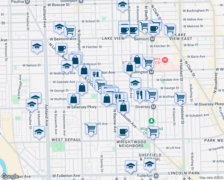map of restaurants, bars, coffee shops, grocery stores, and more near 2849 North Racine Avenue in Chicago