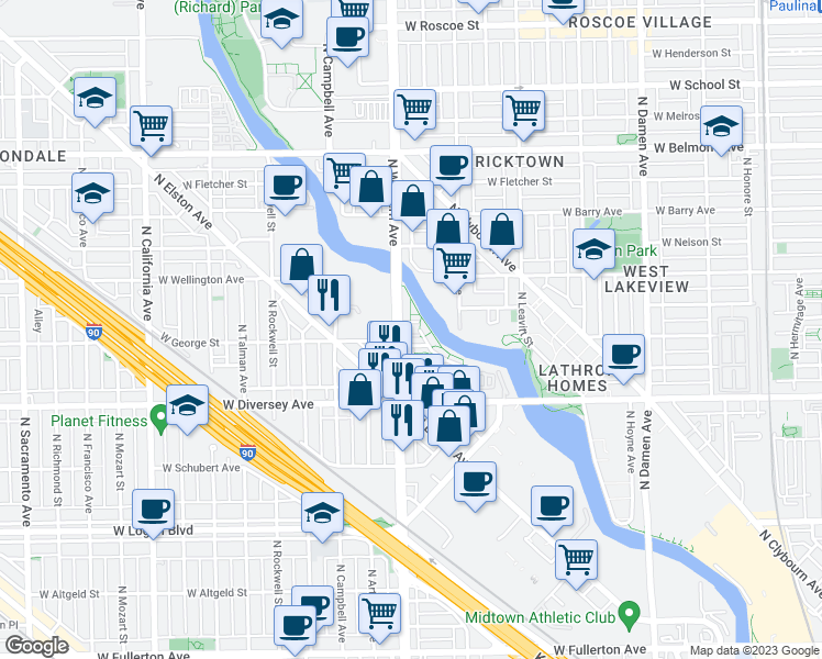map of restaurants, bars, coffee shops, grocery stores, and more near 2339 West River Loft Court in Chicago