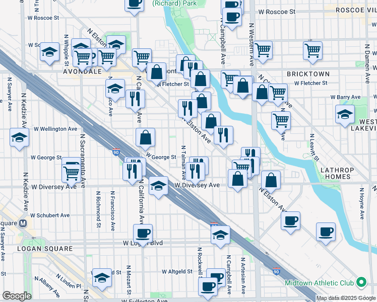 map of restaurants, bars, coffee shops, grocery stores, and more near 2900 North Rockwell Street in Chicago