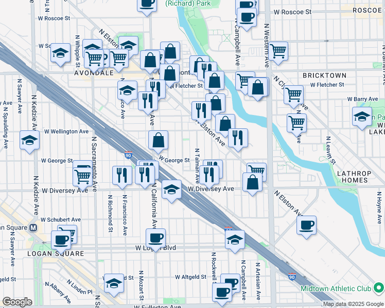 map of restaurants, bars, coffee shops, grocery stores, and more near 2644 West George Street in Chicago