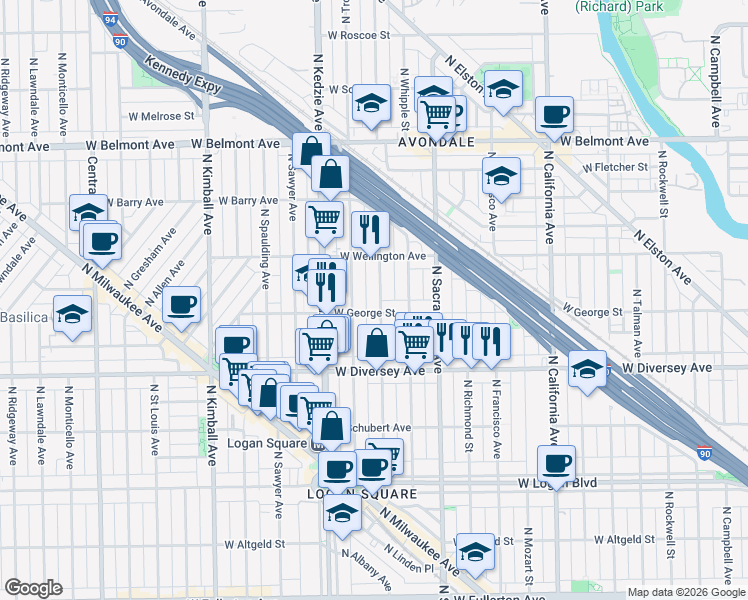 map of restaurants, bars, coffee shops, grocery stores, and more near 2909 North Albany Avenue in Chicago