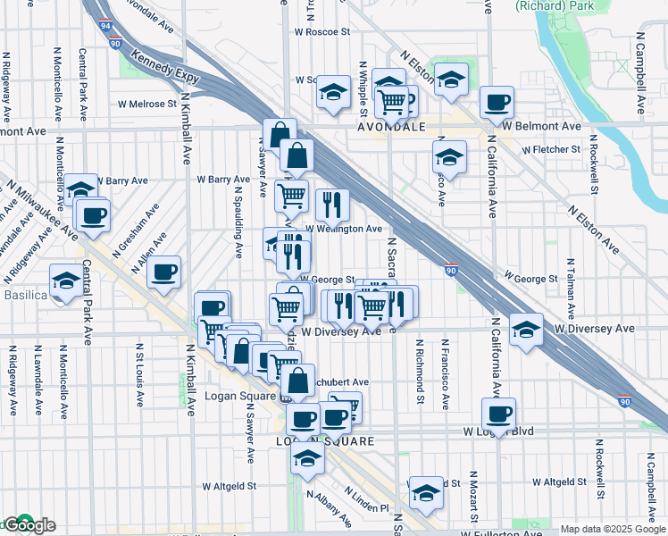 map of restaurants, bars, coffee shops, grocery stores, and more near 2909 North Albany Avenue in Chicago