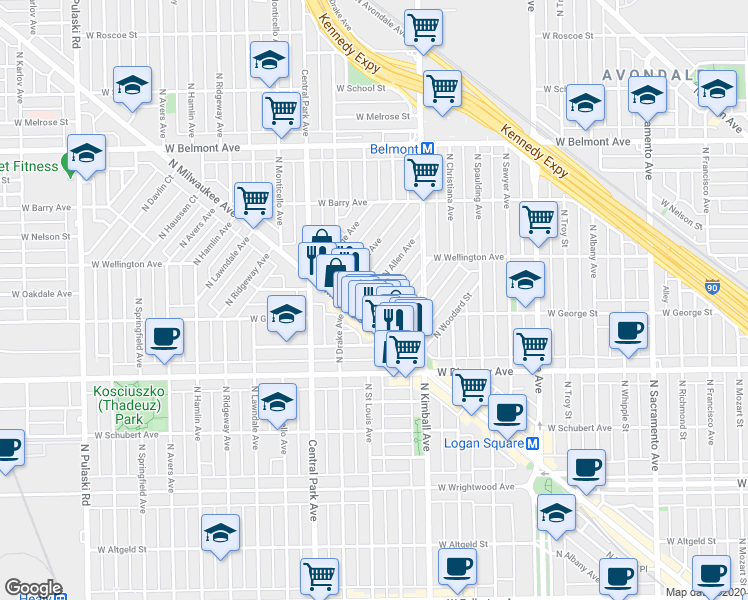 map of restaurants, bars, coffee shops, grocery stores, and more near 2922 North Wisner Avenue in Chicago