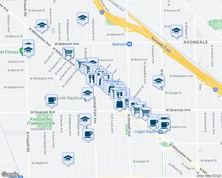 map of restaurants, bars, coffee shops, grocery stores, and more near 2931 North Milwaukee Avenue in Chicago
