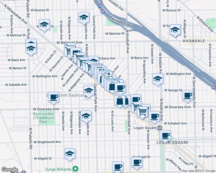 map of restaurants, bars, coffee shops, grocery stores, and more near 2931 North Milwaukee Avenue in Chicago