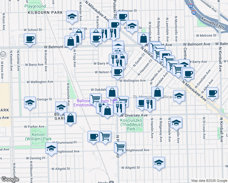 map of restaurants, bars, coffee shops, grocery stores, and more near 2908 North Pulaski Road in Chicago
