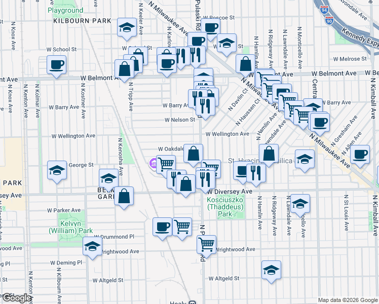 map of restaurants, bars, coffee shops, grocery stores, and more near 2908 North Pulaski Road in Chicago
