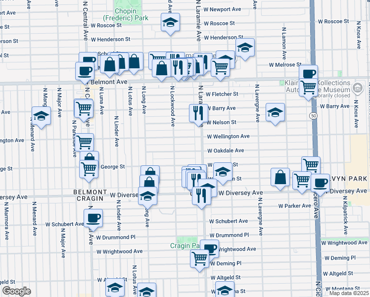map of restaurants, bars, coffee shops, grocery stores, and more near 5225 West Oakdale Avenue in Chicago
