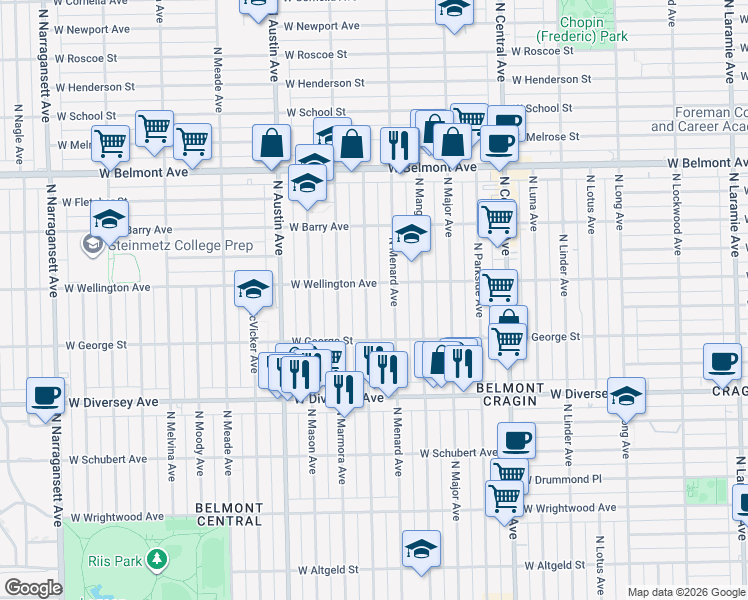 map of restaurants, bars, coffee shops, grocery stores, and more near 2930 North Monitor Avenue in Chicago