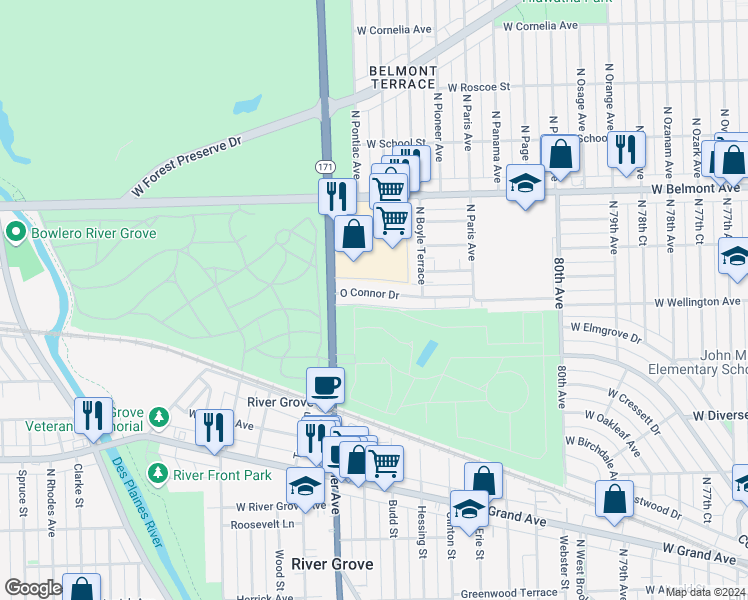 map of restaurants, bars, coffee shops, grocery stores, and more near 8323 Oconnor Drive in River Grove