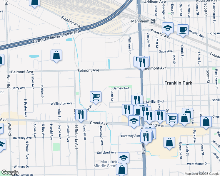 map of restaurants, bars, coffee shops, grocery stores, and more near 3034 Ruth Street in Franklin Park