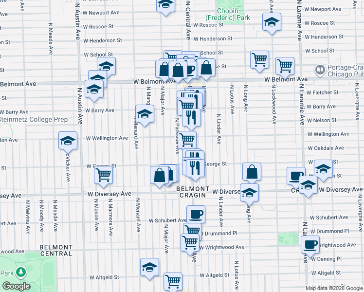 map of restaurants, bars, coffee shops, grocery stores, and more near 2918 North Central Avenue in Chicago