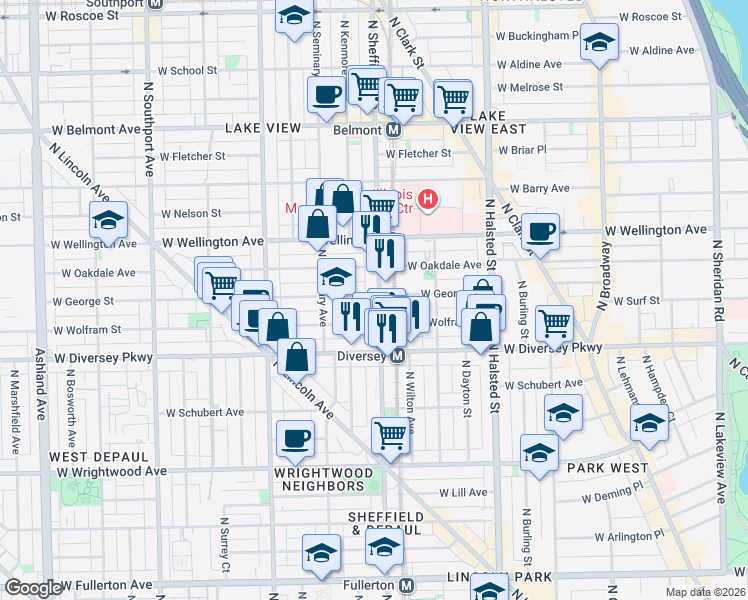 map of restaurants, bars, coffee shops, grocery stores, and more near 2844 North Sheffield Avenue in Chicago