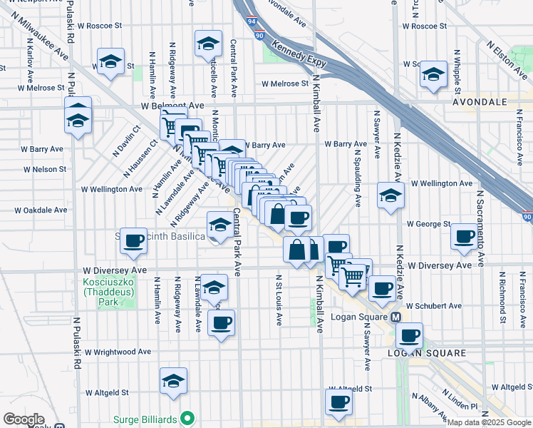 map of restaurants, bars, coffee shops, grocery stores, and more near 2931 North Milwaukee Avenue in Chicago