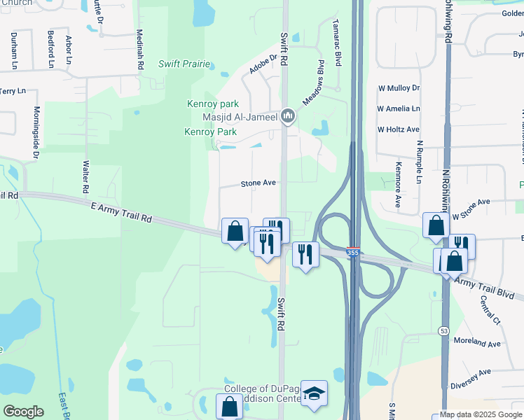 map of restaurants, bars, coffee shops, grocery stores, and more near 4N035 Robbie Lane in Addison