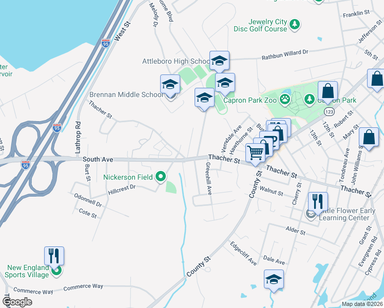 map of restaurants, bars, coffee shops, grocery stores, and more near 520 Thacher Street in Attleboro