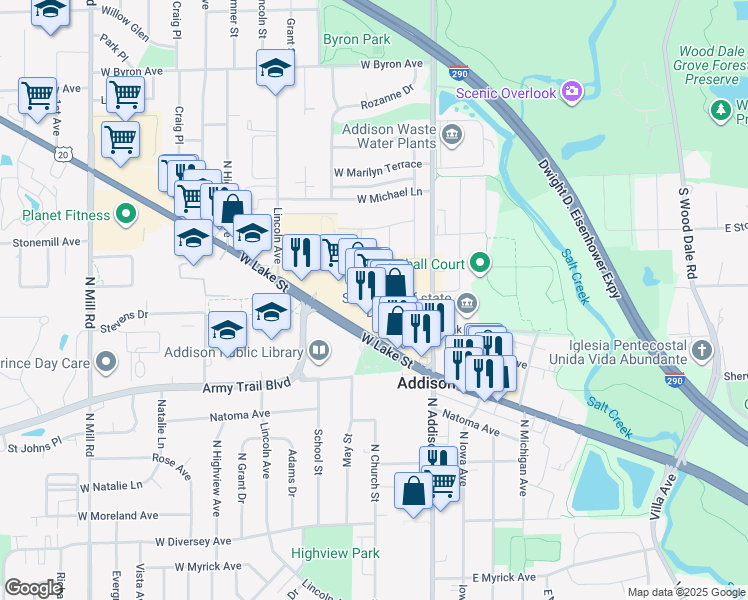 map of restaurants, bars, coffee shops, grocery stores, and more near 74 West Lake Street in Addison