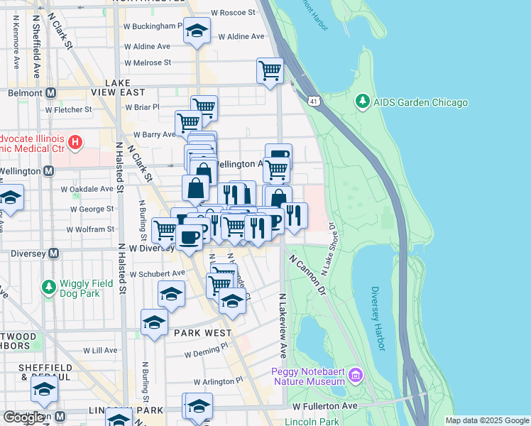map of restaurants, bars, coffee shops, grocery stores, and more near 429 West Surf Street in Chicago