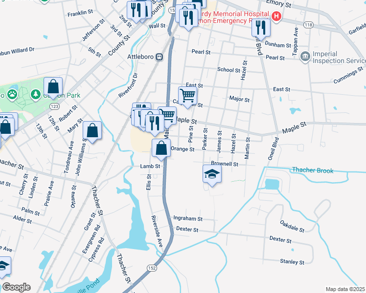 map of restaurants, bars, coffee shops, grocery stores, and more near 16 Orange Street in Attleboro