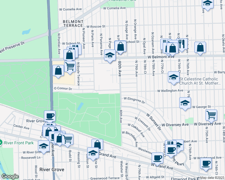map of restaurants, bars, coffee shops, grocery stores, and more near 8035 Oconnor Drive in River Grove