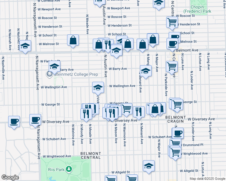 map of restaurants, bars, coffee shops, grocery stores, and more near 2935 North Austin Avenue in Chicago