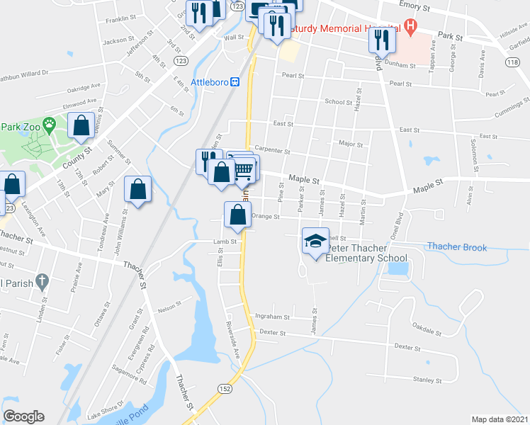 map of restaurants, bars, coffee shops, grocery stores, and more near 12 Orange Street in Attleboro