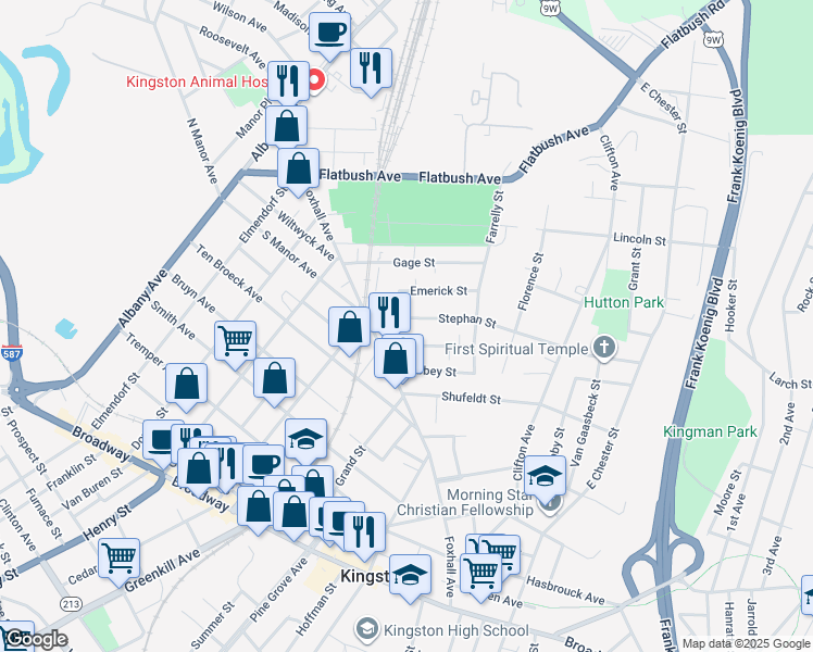 map of restaurants, bars, coffee shops, grocery stores, and more near 15 Derrenbacher Street in Kingston