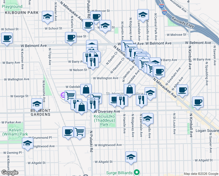 map of restaurants, bars, coffee shops, grocery stores, and more near 2907 North Springfield Avenue in Chicago