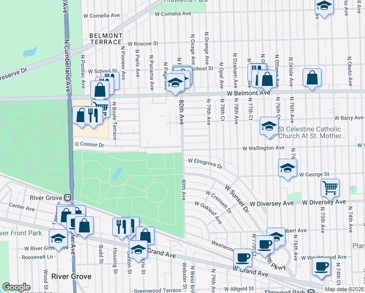 map of restaurants, bars, coffee shops, grocery stores, and more near 8000 Oconnor Drive in River Grove