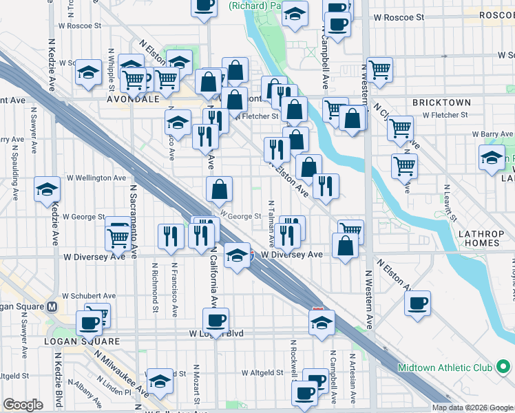 map of restaurants, bars, coffee shops, grocery stores, and more near 2644 West George Street in Chicago