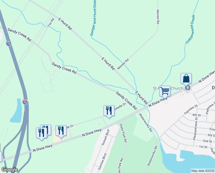 map of restaurants, bars, coffee shops, grocery stores, and more near 2199 Sandy Creek Road in Monroe