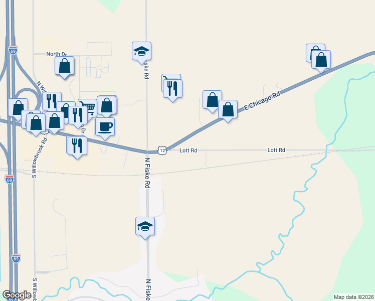 map of restaurants, bars, coffee shops, grocery stores, and more near 621 Lott Road in Coldwater