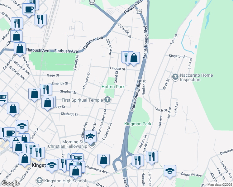 map of restaurants, bars, coffee shops, grocery stores, and more near 10 Grant Street in Kingston