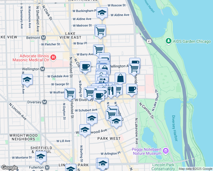 map of restaurants, bars, coffee shops, grocery stores, and more near 544 West Surf Street in Chicago